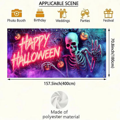 HOMETITUTE Halloween Garage Door Banner 13x6ft Neon Skeleton Decor Happy Halloween Sign Pumpkin Lantern Brick Wall Spider Web Spooky Party Decorations Creepy Backdrop Indoor Outdoor