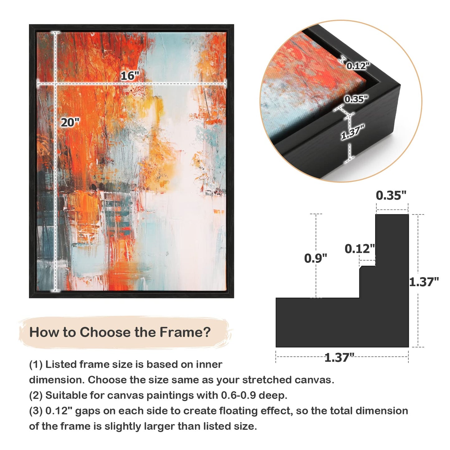 FOLKOR Floating Canvas Frame for 16x20 Inch Painting, 2 Pack Floater Frame for Canvas Prints, 0.9" Rabbet Depth Art frame for Wall Prints Diamond Painting Paint by Numbers (Black)