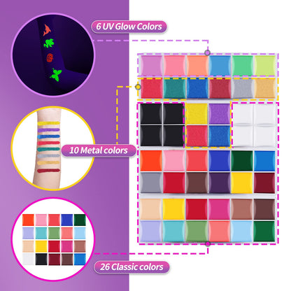 VESPRO Face Painting Kit For Adult Party,42 Colors Professional Oil Face&Body Paint Kit with 10PCS Brushes 4PCS Reusable Face Stencils and 4PCS Paint Stencils for Adults Halloween Makeup