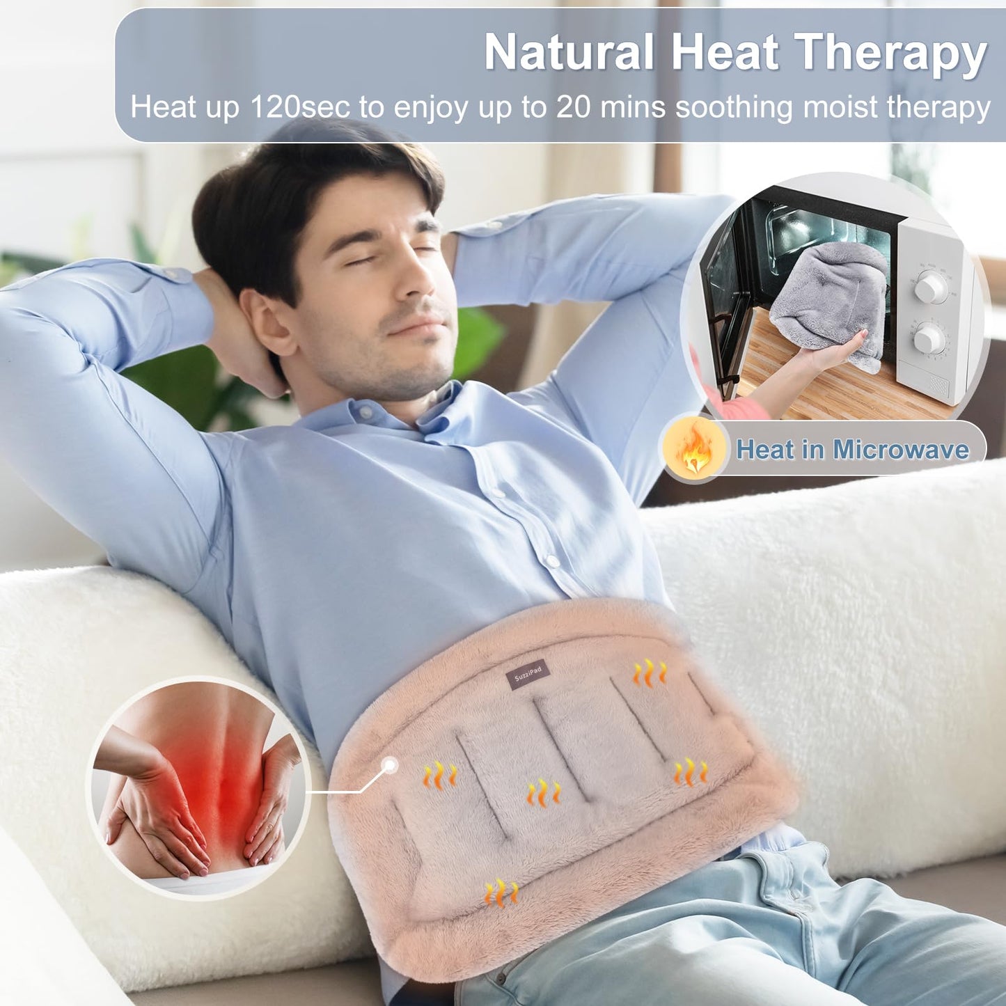 SuzziPad Microwave Heating Pad for Back Discomfort, Microwavable Heat Pads for Lumbar, Waist, Stomach, Neck Shoulder, Wrap with Moist Therapy, Warm & Cold Compress