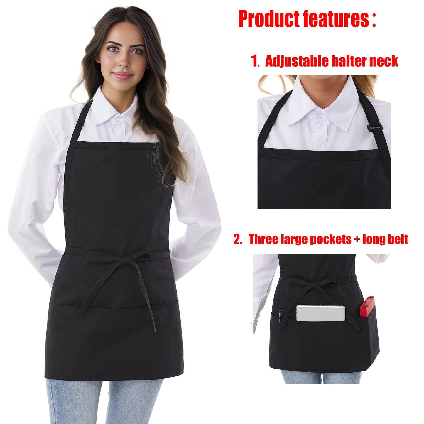 Y.F.H sunbest 2 Pack Chef Apron 3 Pocket Short Apron Adjustable Halter Waitress Apron Kitchen for Cooking Women Black