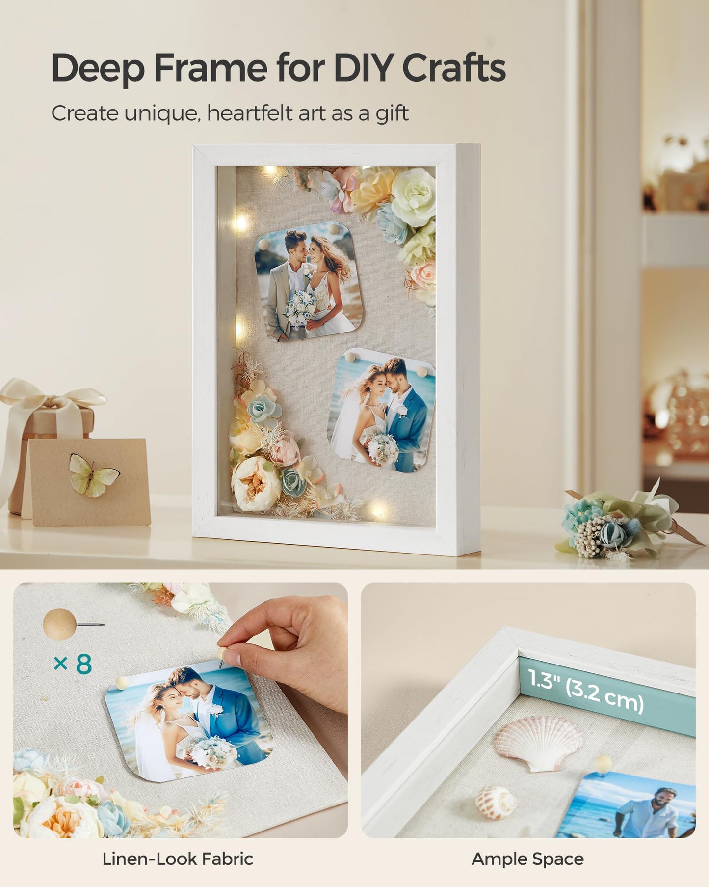 SONGMICS Shadow Box Frame, Set of 2, 1.3-Inch Deep Memory Display Case for Desk Wall Decor, Box Picture Photo Frame with 8 Wood Push Pins, 6 Mats, 3 Non-Trace Nails, Gift, Rustic White