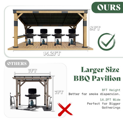 AMERLIFE 10x14 FT Spruce Wood Grill Gazebo with Bar Shelf, Hardtop BBQ Pavilion with Sloped Galvanized Steel Roof, Lean-to Outdoor Pergola for Deck, Backyard, Garden
