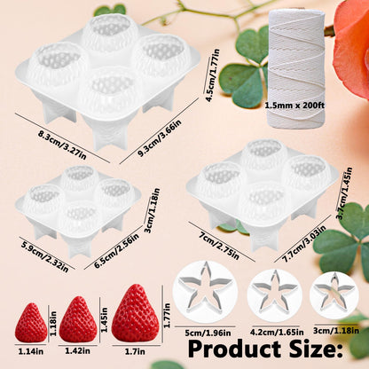 3D Strawberry Grape Silicone Molds, 3 Sets Strawberry Soap Candle Molds with 3 Leaf Molds & 200Ft White Cotton Rope for Soap Making, Scented Candle DIY & Craft Gifts