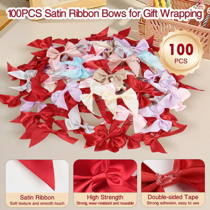 100 PCS Bows for Gift Wrapping, 2.75" Satin Ribbon Bows with Double-Sided Tape, Small Bows for Crafts, Bow Decor, Mini Bows Decorations for Party Baby Shower Birthday Wedding (Khaki)