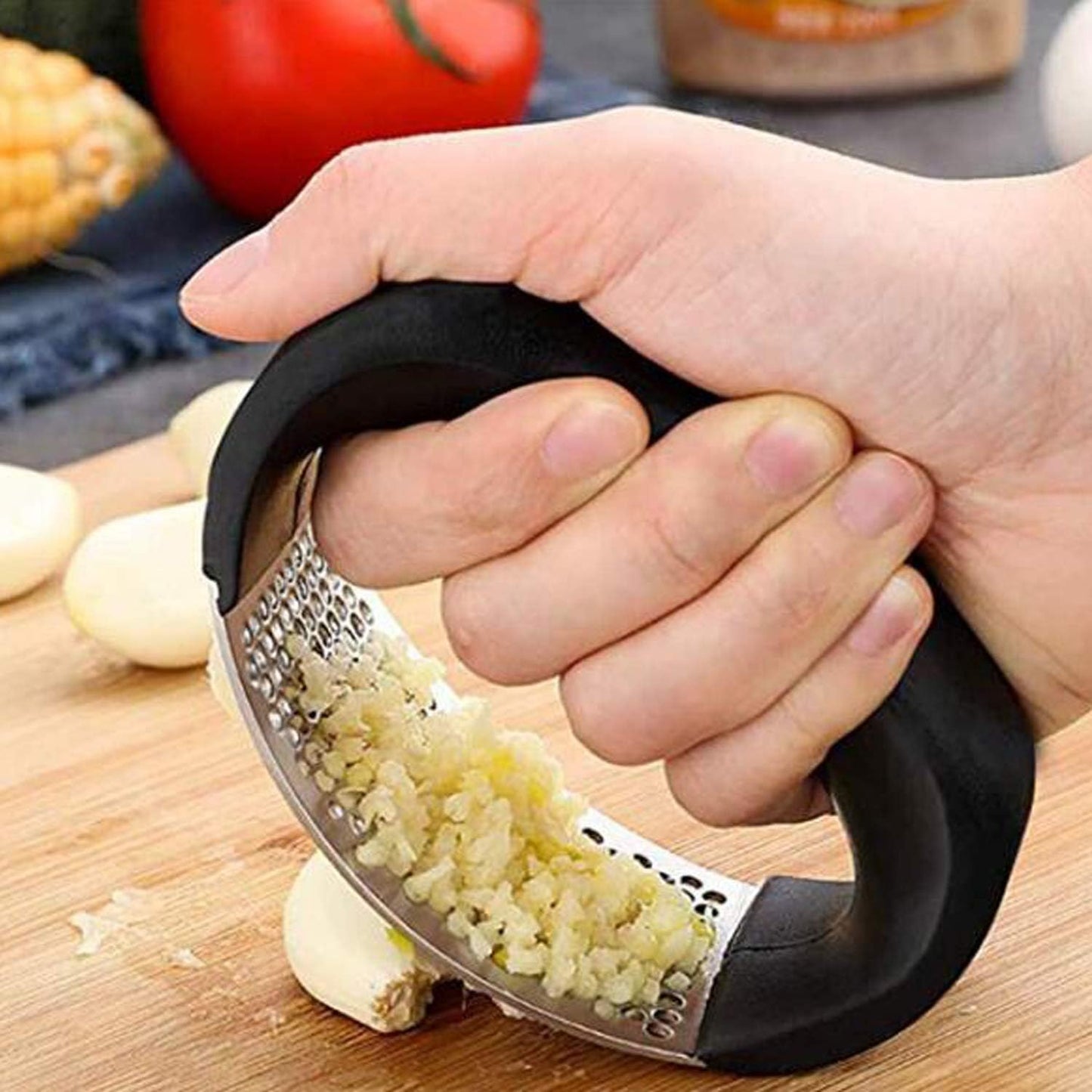 Garlic Press Rocker - Stainless Steel Garlic Crusher with Silicone Peeler and Mini Brush Tools (Black)