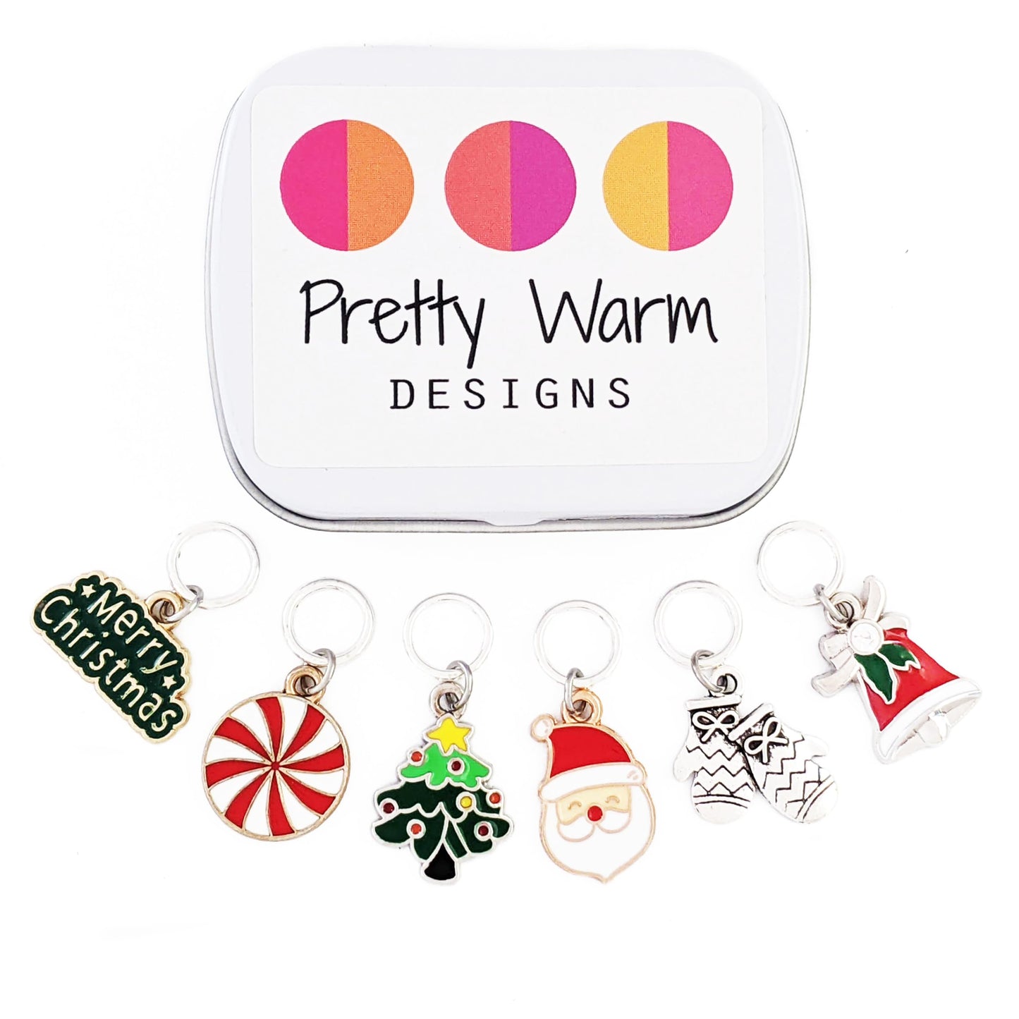 Pretty Warm Designs Christmas Knitting Stitch Markers - Set of 6 Handmade Holiday Enamel Charms in Storage Tin - Snag Free Ring Style Knitting Notions