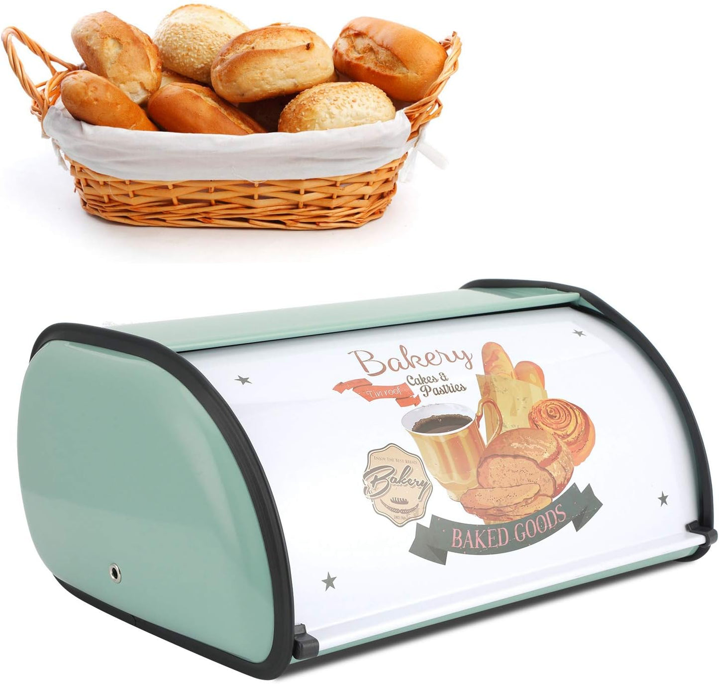 Roll Top Bread Box for Kitchen Counter, Metal Bread Bin Retro Food Storage Container, 13"x9.4"x5.9" (Green)