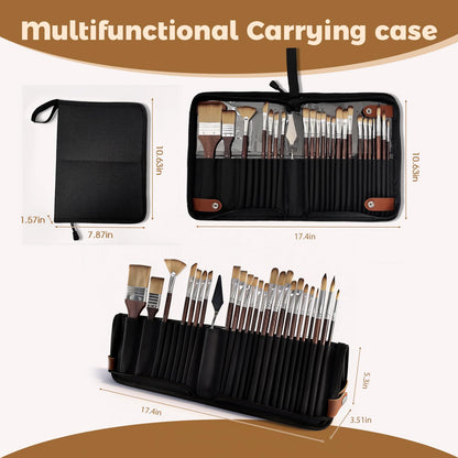 Paint Brush Holder Case for Artists with 27Pcs Paint Brushes,Brush Organizer with Standing Paint Brushes Set with Round Flat Fan Filbert Cat Tongue Dagger Palette Knife Travel Paintbrush Storage Bag