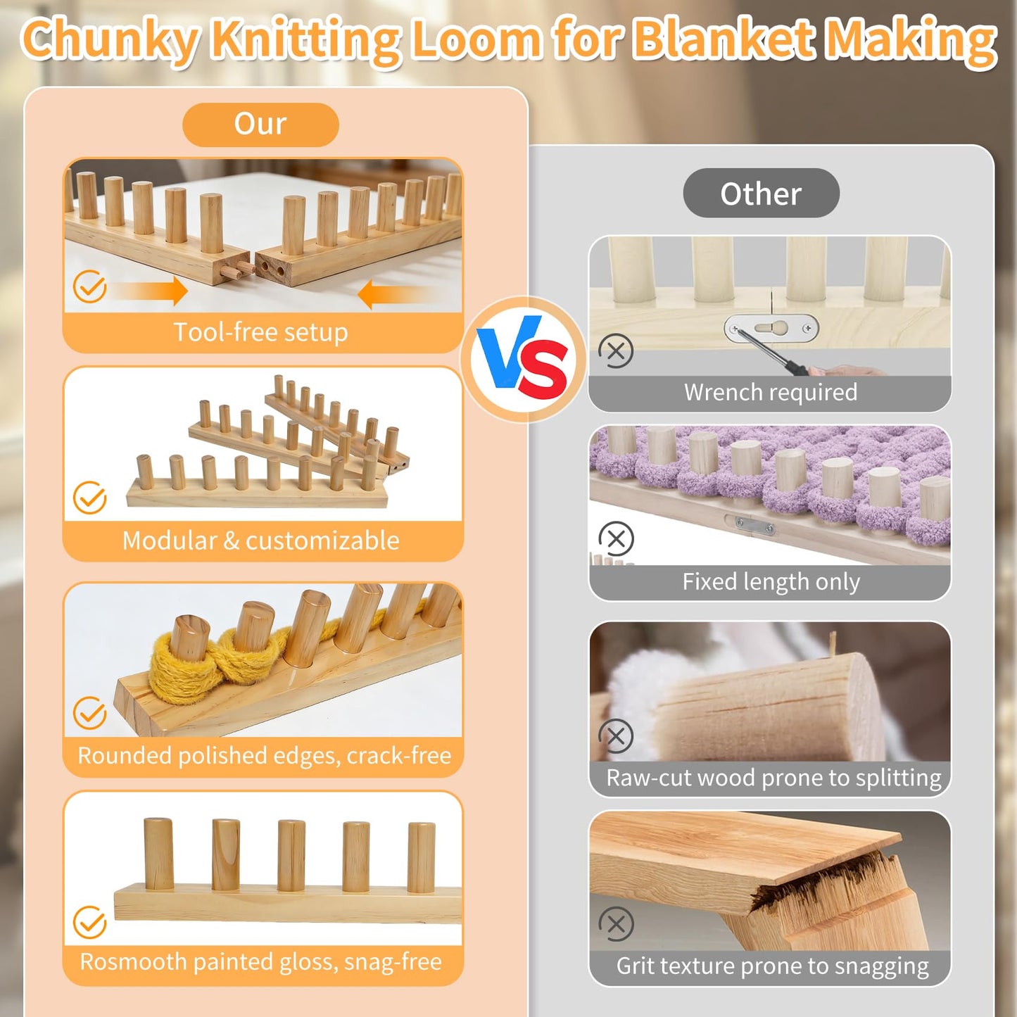 𝙉𝙚𝙬 60" Chunky Yarn Loom, Adjustable Looms for Chunky Blankets, Premium Wood with Tool-Free Assembly, Beginner Friendly Hand Knitting Kit for DIY Blankets and Thoughtful Gift Making