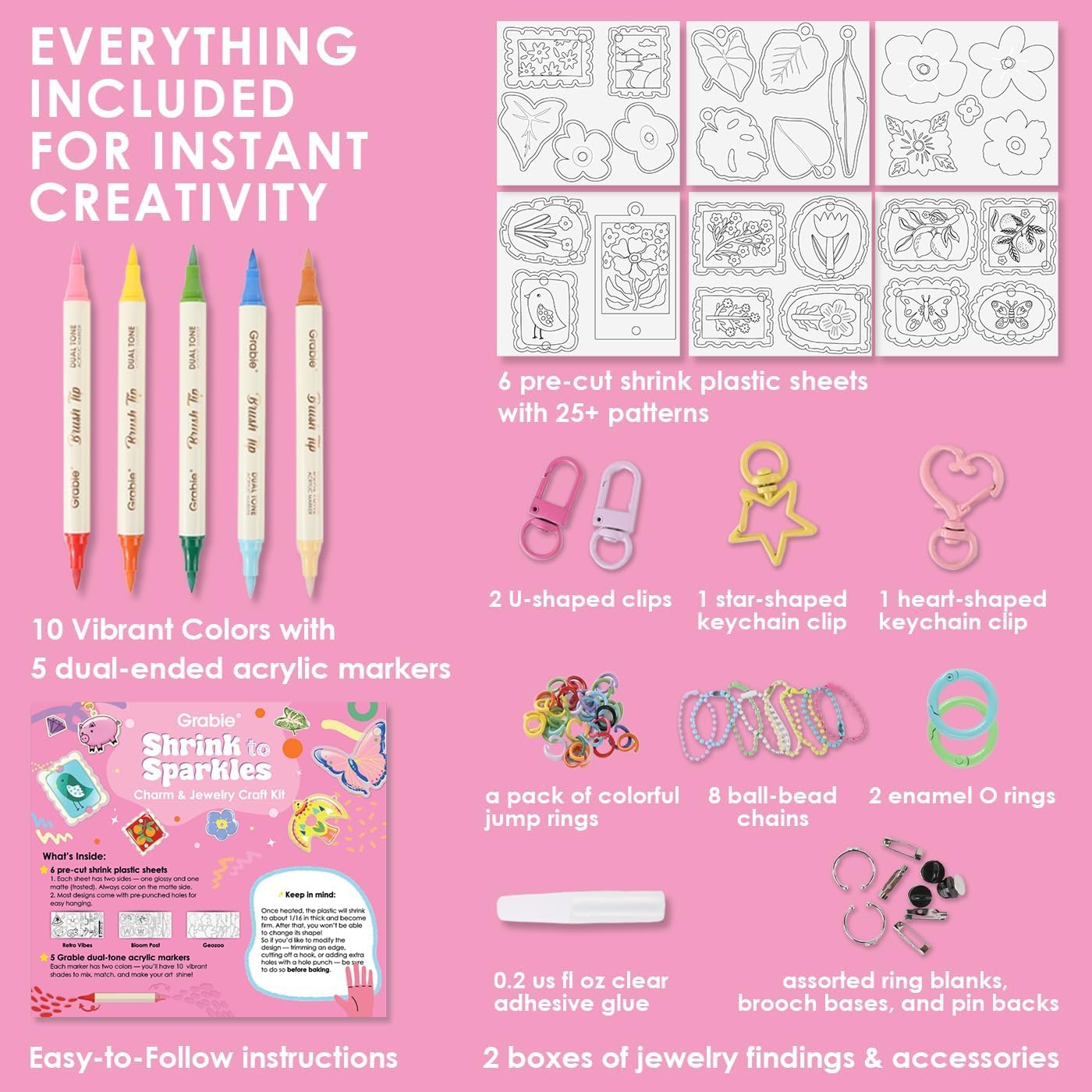 Grabie DIY Shrink Art Craft Kit Jewelry Making Kit for Kids Adults, 25+ Pre-Cut Shapes, 5 Dual-Tip Markers, Custom Charms, Pins, Rings, Keychains (Bloom Post - for Art Lovers)