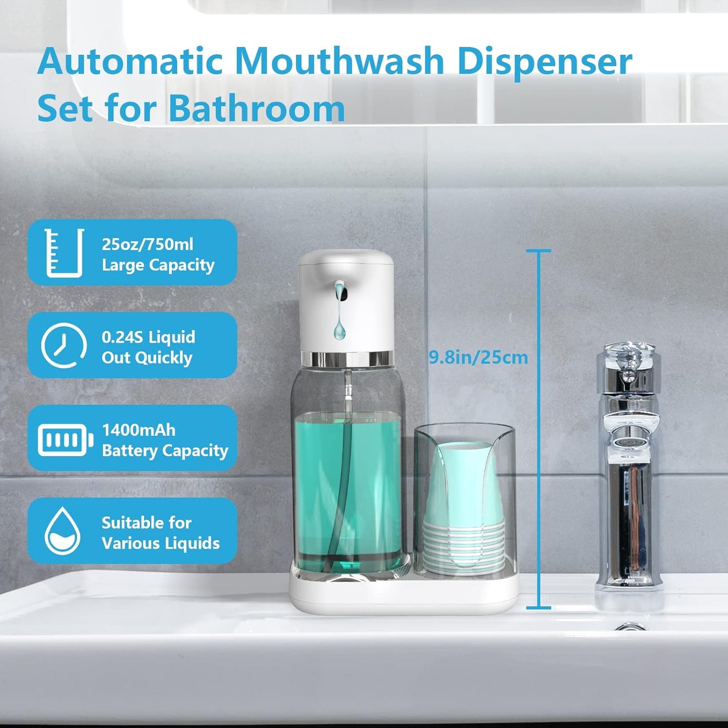 25oz(750ml) 2 Luvan Automatic Mouthwash Dispenser for Bathroom, Smart Mouthwash Dispenser with Cup Holder, Infrared