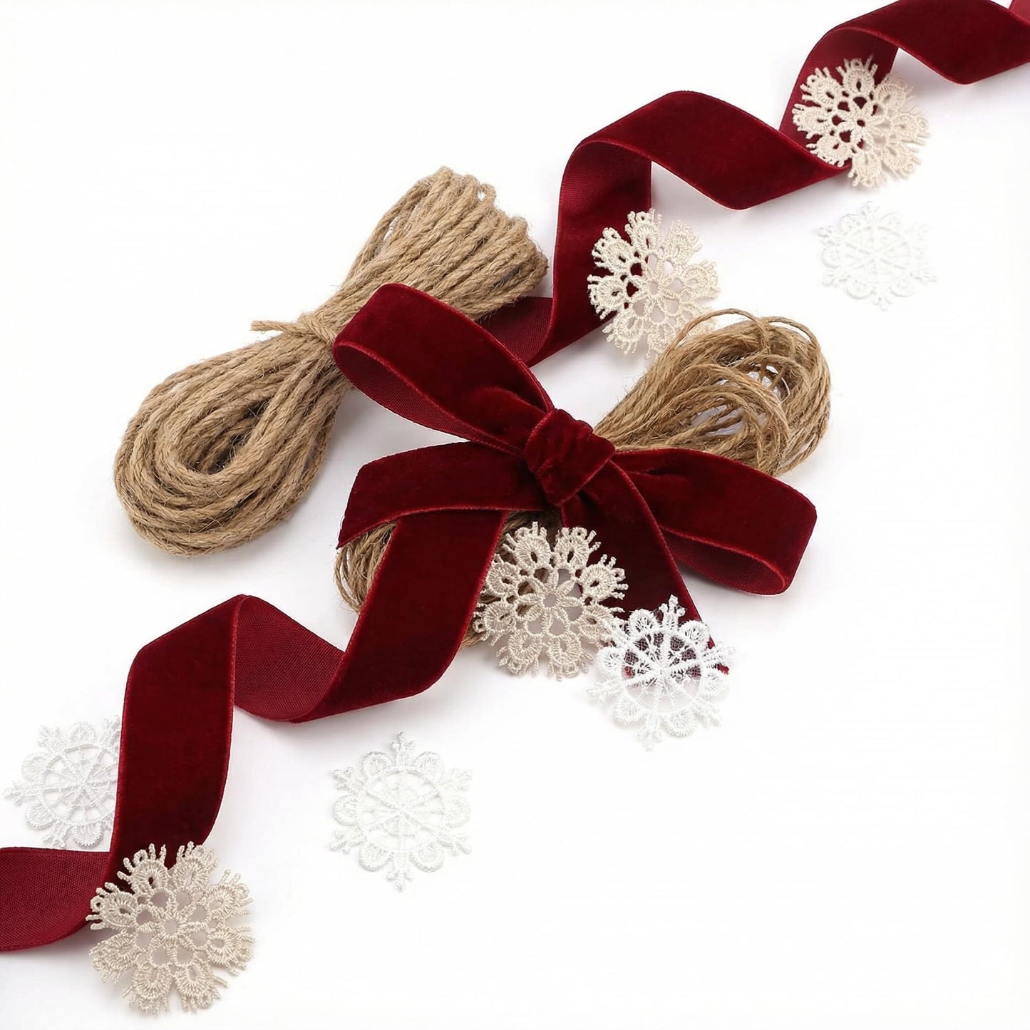 Christmas Velvet Ribbon Craft Kit – 6 Rolls Burgundy Felt Ribbon with Jute Twine Snowflake Fabric Patches, Complete Holiday Gift Wrapping Decoration Set, High-Value Bundle for Xmas Crafts Home Décor