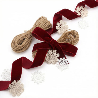 Christmas Velvet Ribbon Craft Kit – 6 Rolls Burgundy Felt Ribbon with Jute Twine Snowflake Fabric Patches, Complete Holiday Gift Wrapping Decoration Set, High-Value Bundle for Xmas Crafts Home Décor