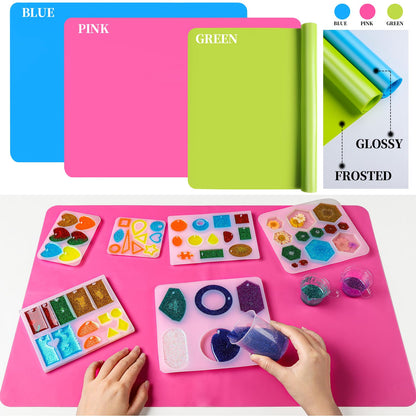 LEOBRO Silicone Mat for Crafts, 3 PCS 23.4” x 15.6” Large Silicone Mats, Craft Mats for Resin Molds, Clay, Dough, Jewelry Making, Sculpture Casting, Hot Pink & Green & Blue