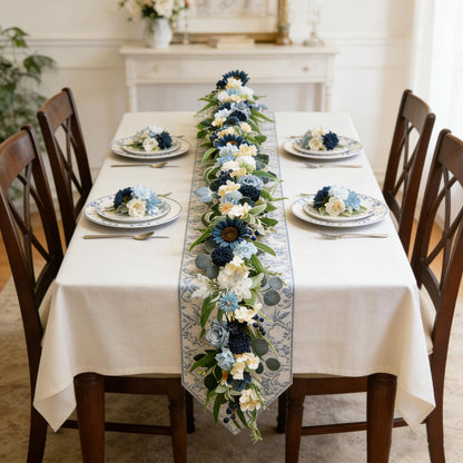 Idyllic 6 Ft Blue Rose Vine Garland - Artificial Spring Floral Garland for Wall Decor, Window, Mantle, Wedding, Home Decor - Faux Long Hanging Vine with Leaves