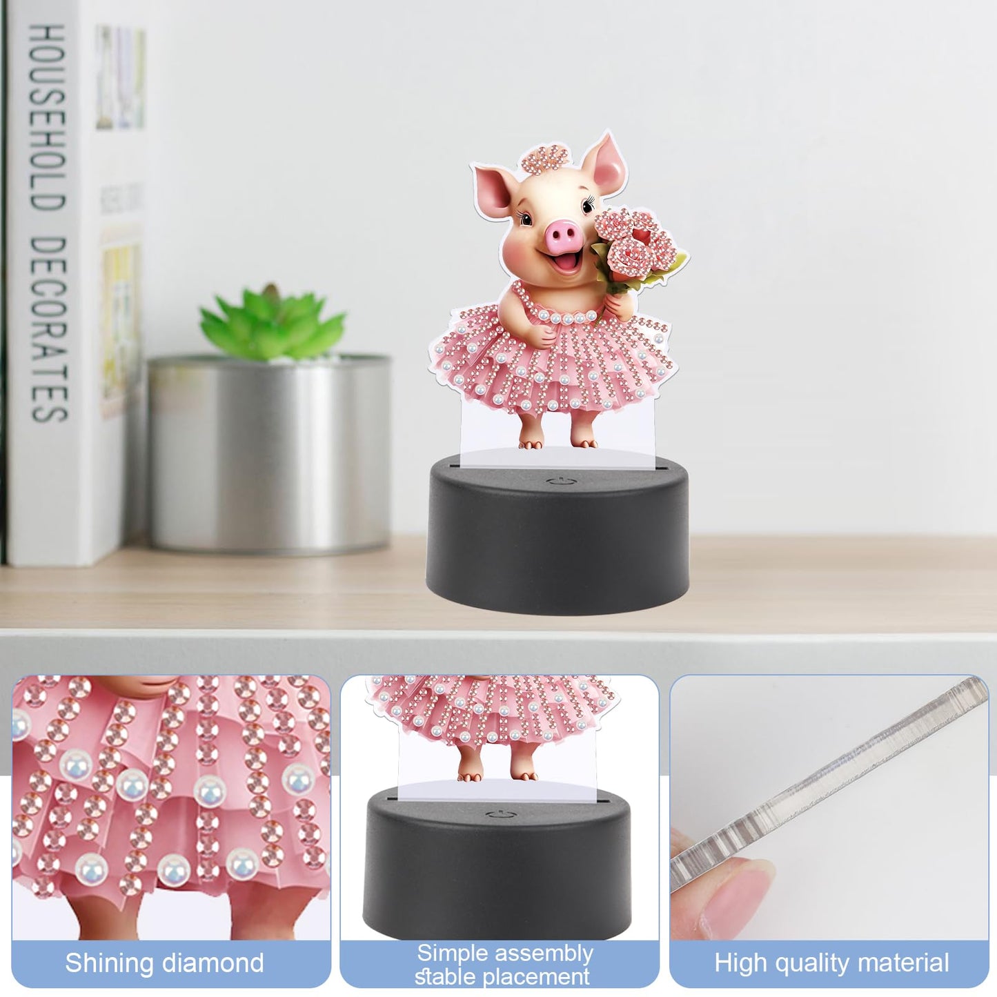 JISHSHAY Diamond Painting Night Light Diamond Art Table Lamps Gem Art LED Lights Gem Painting Desk Lamp Mosaic Kits for Adults DIY Kits for Adults Paint by Numbers with Special Drills Pig Skirt