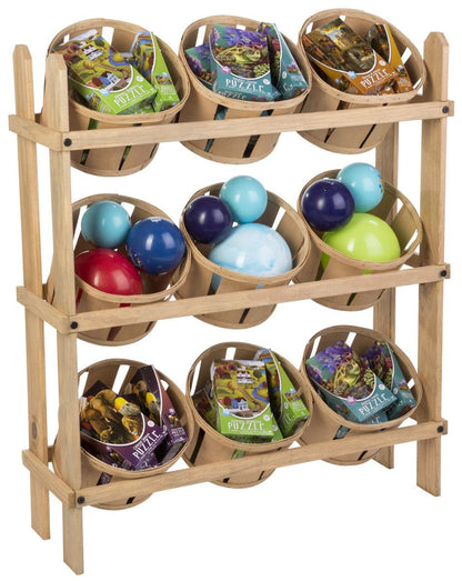 Displays2go Basket Display Stand, Tiered Wooden Floor Standing Retail Display with 9 Baskets for Stores & Vendor Events (PN9BKTOAK)