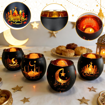 Eid Mubarak Glass Tea Light Candle Holders, Votive Tealight Holder Table, Centerpiece Decorations for Muslim Party Decor (Ramadan)