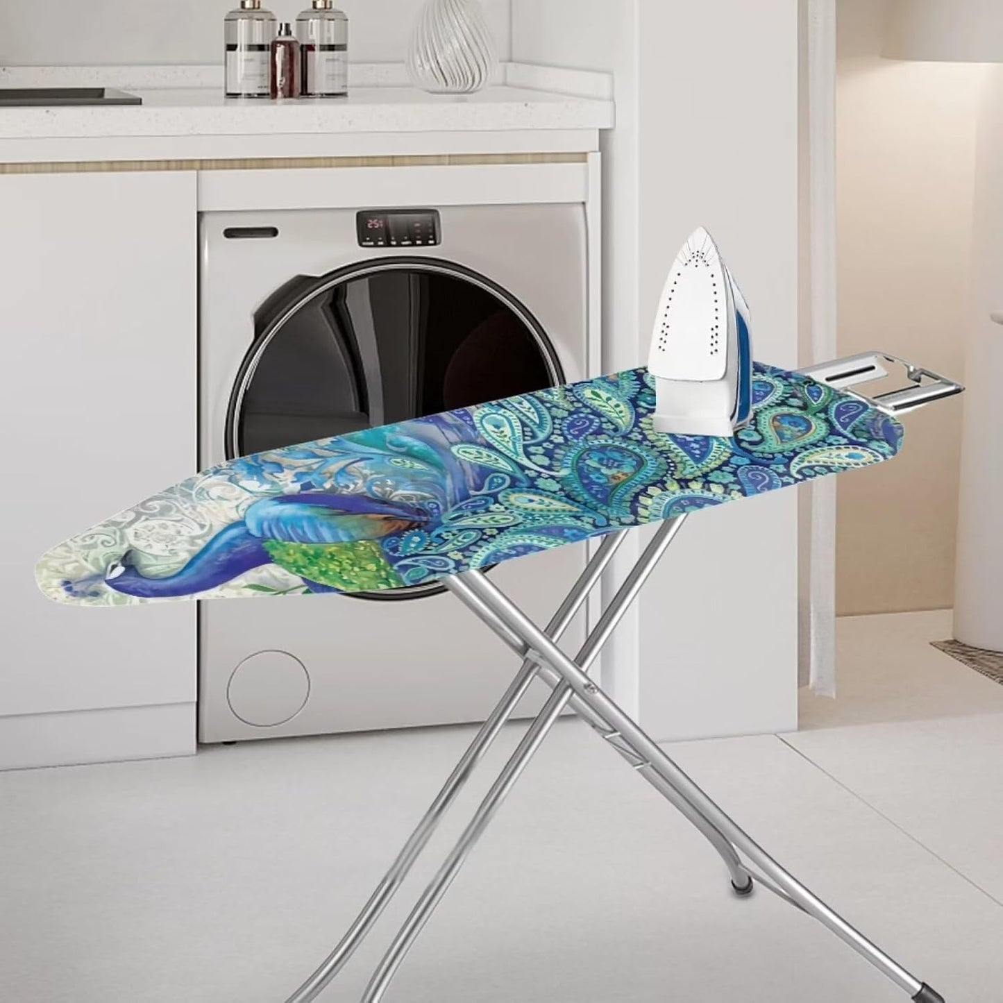 Peacock Ironing Board Cover, 55" x 16" Extra-Thick 4-Layer Pad, Elastic Band, Iron Resistance for Standard Boards