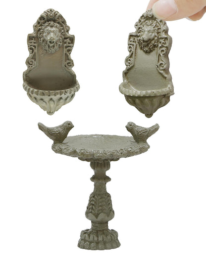 iLAND 1/12 Scale Garden Accessories Outdoor Miniature Birdbath Fountain & 2 Lion Wall Reliefs Mini Ornaments for Garden Dollhouse Décor Dollhouse Accessories