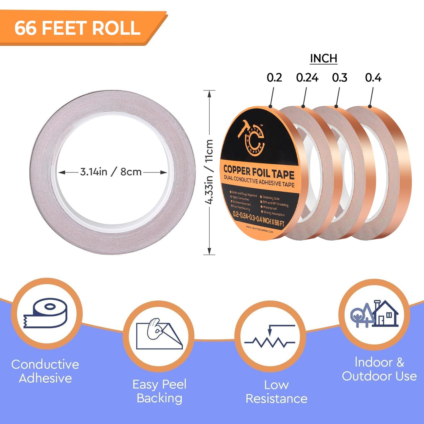 Conductive Pure Copper Tape Double Sided Adhesive Copper Foil Tape for Stained Glass, Guitars, EMI Shielding, Electric Connections, Repairs, Grounding, Crafts (4, 0.2/0.24/0.3/0.4INCH*66FT)