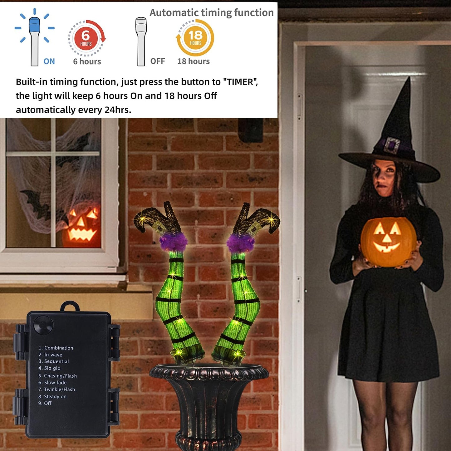 Juegoal Set of 2 Halloween Lighted Wicked Witch Legs with Stakes, 22" Light Up Tinsel Witch Prop, Halloween Yard Signs Timer & 8 Modes, Battery Operated for Outdoor Party Haunted House Garden Decor