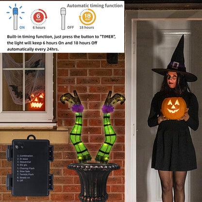 Juegoal Set of 2 Halloween Lighted Wicked Witch Legs with Stakes, 22" Light Up Tinsel Witch Prop, Halloween Yard Signs Timer & 8 Modes, Battery Operated for Outdoor Party Haunted House Garden Decor