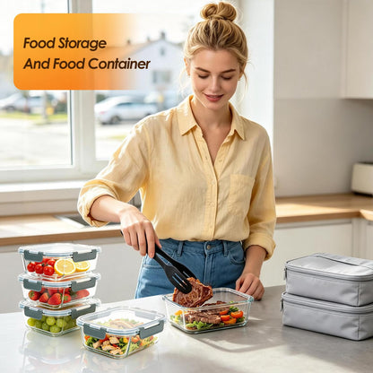 KEKEGO 5 Pack 36oz Glass Storage Containers with Lids, Glass Meal Prep Food Container Sets with Snap Airtight Lid for Microwave, Oven, Freezer and Dishwasher, Grey