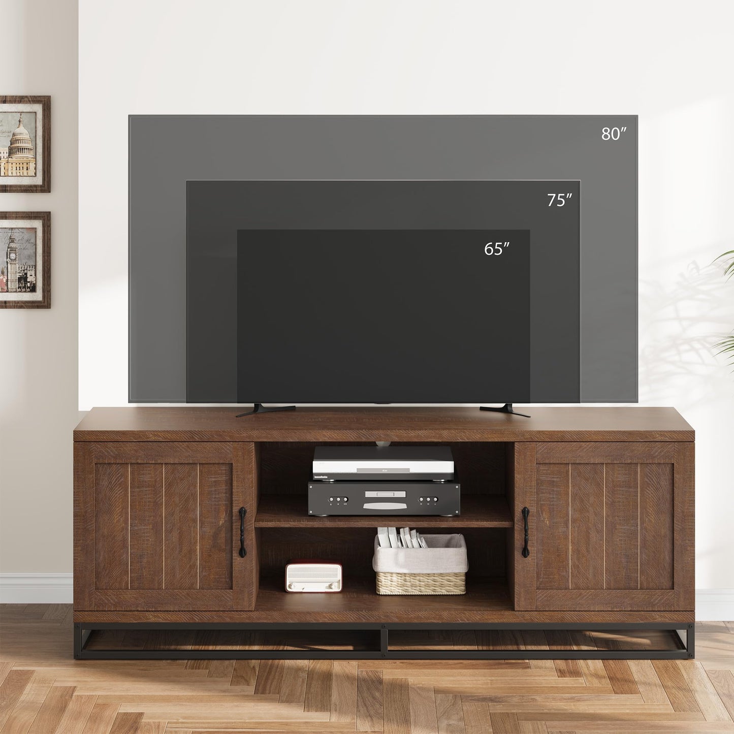 Garvee Farmhouse TV Stand for Living Room, Entertainment Center with 2-Tier Adjustable Shelves & Metal Leg, Wooden TV & Media Console Table for 75 Inch with Storage Compartments, Walnut