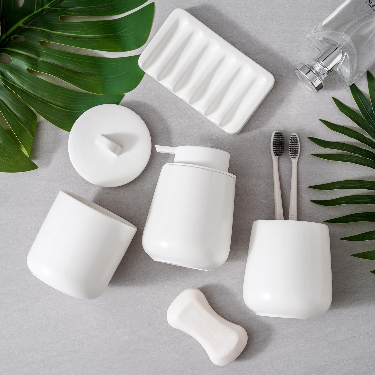 Agyiuns Ceramic Bathroom Accessories Set, Lotion Soap Dispenser and Toothbrush Holder Set, Soap Dish, Apothecary Jars,4 Pieces for Home Modern Bathroom Decor Vanity Countertop(White Set - Liquid)