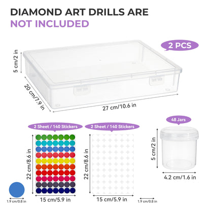 MOLEDINO 48 Slots Diamond Art Storage with 4cm Wide Mouth Jars and Foam Insert, Bead Organizer with Sticker Labels for Diamond Painting Beads (2 Pack)