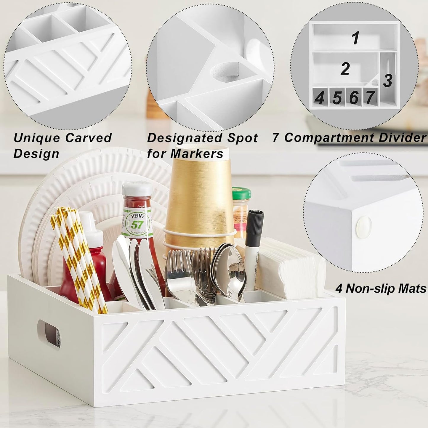 Utensil Holder for Party - Rustic Wood Silverware Caddy with 7 Compartments for Plates and Utensils