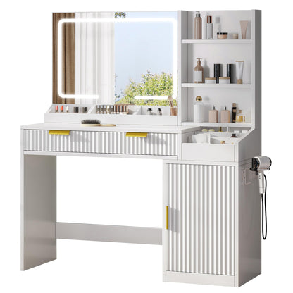 YITAHOME Large Makeup Vanity Desk with Mirror and Lights, Fluted Vanity Table with 2 Drawers & Adjustable Shelves, Makeup Mirror in 3 Modes Lighting, Dressing Table Set w/Charging Station, White