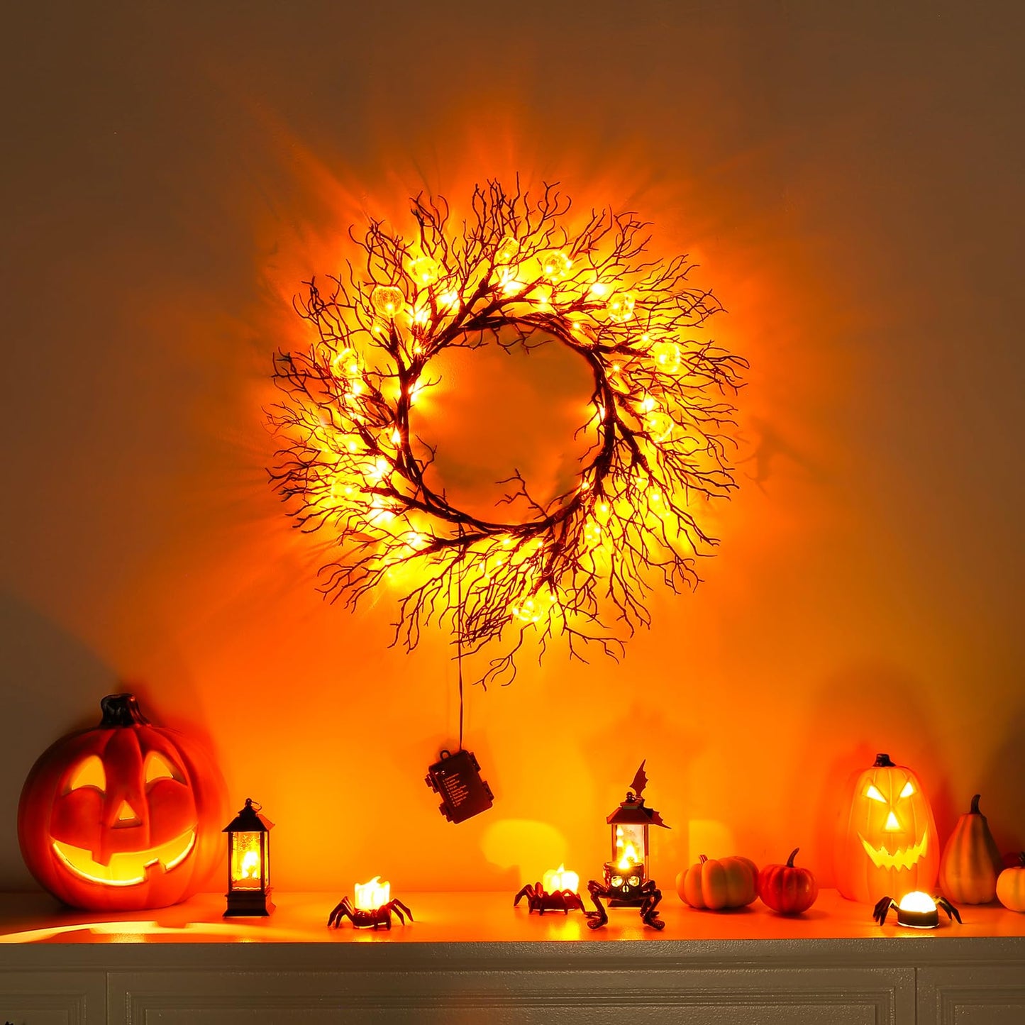 Joyhalo Halloween Garland with Lights Decorations with Pumpkin Lights,Battery Operated 6FT 47 LED Halloween Willow Vine Twig Garland for Mantle,Wall,Fireplace and Halloween Decorations