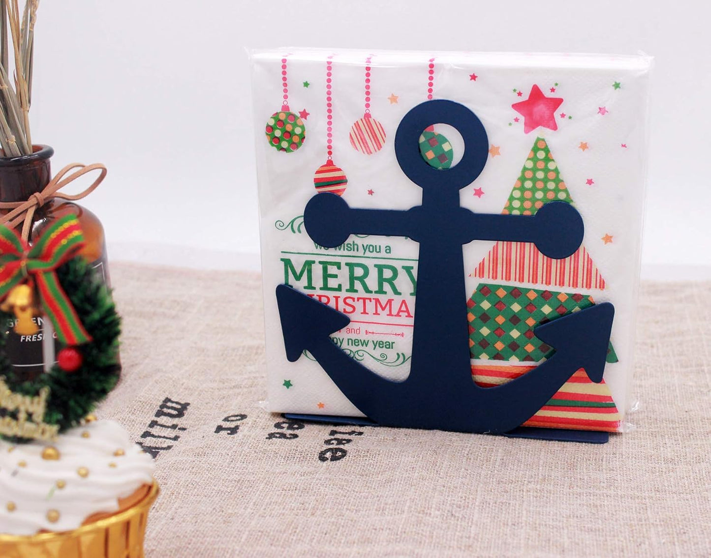 BetyHom Vintage Metal Nautical Anchor Napkin Holder in Blue