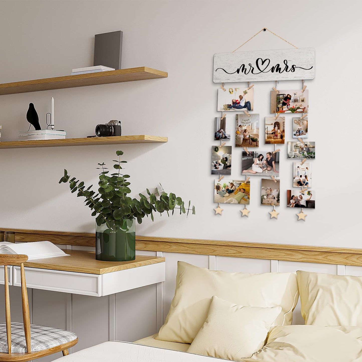 NaZaUK Mr & Mrs Bedroom Decor for Couples, Hanging Photo Display with Clips, Picture Frames Collage Photo Hanging Display, Couple Gift Ideas, Home Living Room Bedroom Wall Decor