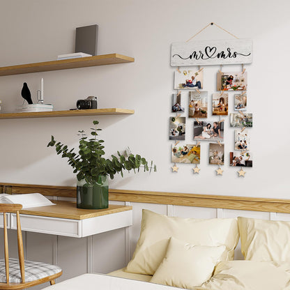 NaZaUK Mr & Mrs Bedroom Decor for Couples, Hanging Photo Display with Clips, Picture Frames Collage Photo Hanging Display, Couple Gift Ideas, Home Living Room Bedroom Wall Decor