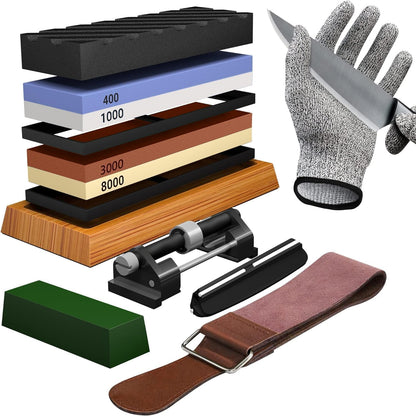 YeopAsda Knife Sharpening Stone Kit, Premium 4 Side Grit 400/1000 3000/8000 Whetstone Knife Sharpener Tool, Non-Slip Bamboo Base,Cut Resistant Gloves, Angle Guide