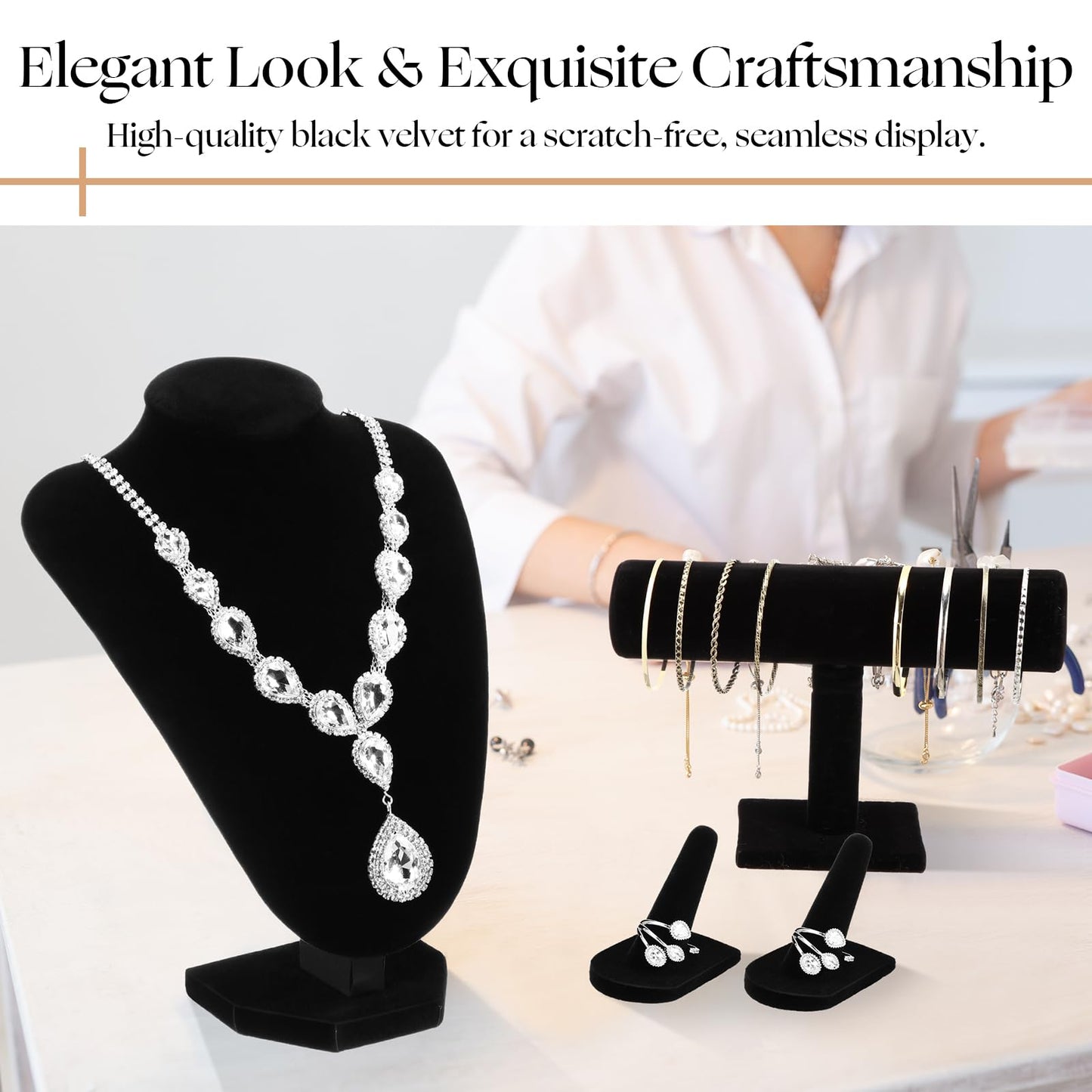Wenqik 4 Pcs Velvet Jewelry Display Set Velvet Necklace Bust Holder Bracelet Organizer 2 Ring Finger Jewelry Holder(Black)