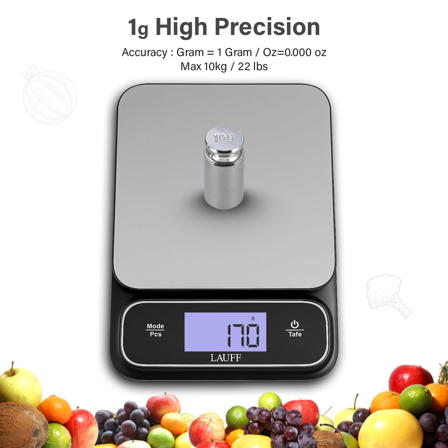 Lauff Digital Food Scale, Weighs Scale, Kitchen Scales, Food Scales messaures in Grams and Ounces with 0.01oz/1g Precise, Waterproof Kitchen Scale for Baking & Meal Prep with LCD Display (1g/10kg)