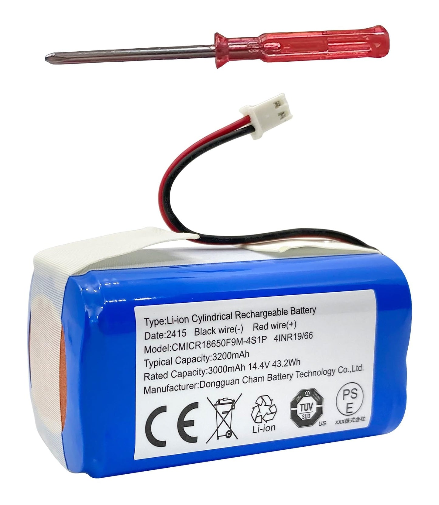 Replacement Shark RVBAT850 Battery for Shark Ion R75 R85 RV850 S87 AV752 AV751 RV761 RV851WV RV871 RV1000S RV1100VL RV101AE UR1000SR vacuum 3200mAh 14.4v/14.8v OEManufacturer CHAM (2-Prong Connector)