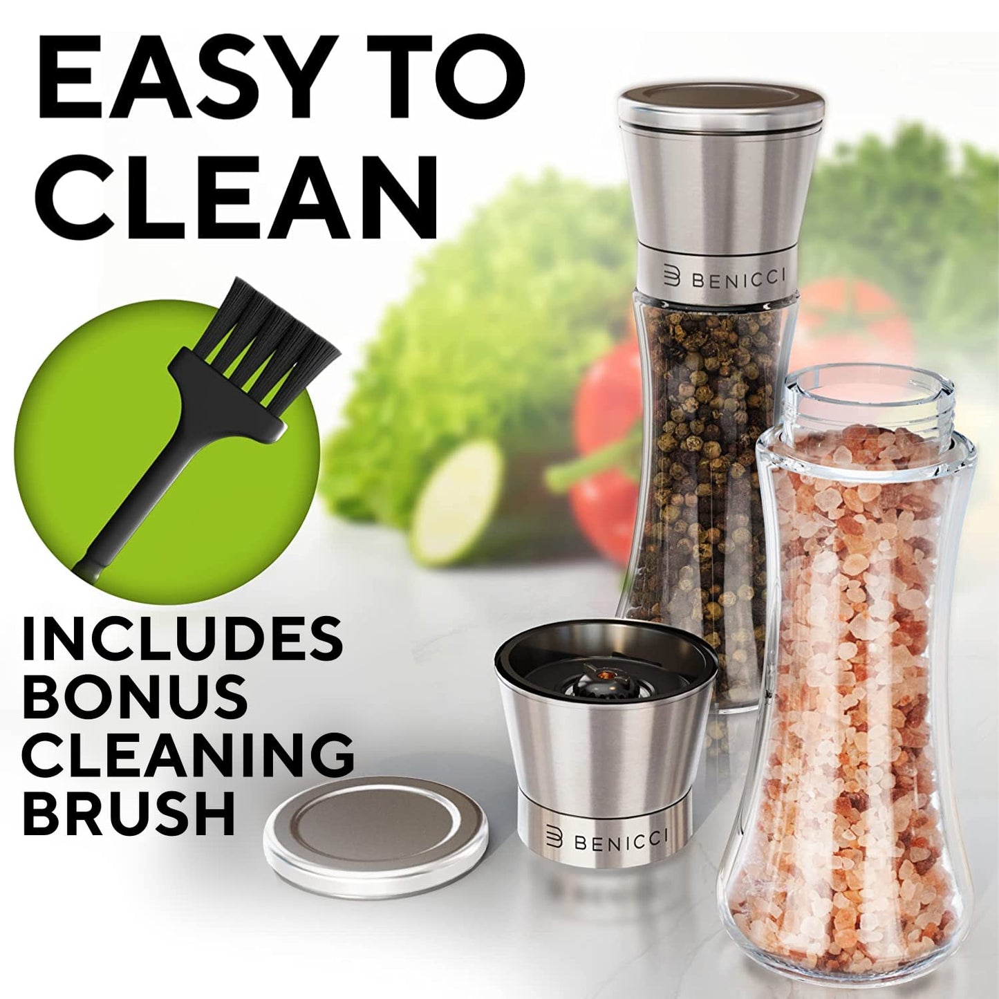 Premium Salt and Pepper Grinder Set of 2 - Two Refillable Stainless Steel Sea Salt & Spice Shakers with Adjustable Coarse Mills - Easy Clean Ceramic Grinders w/BONUS Silicone Funnel & Cleaning Brush