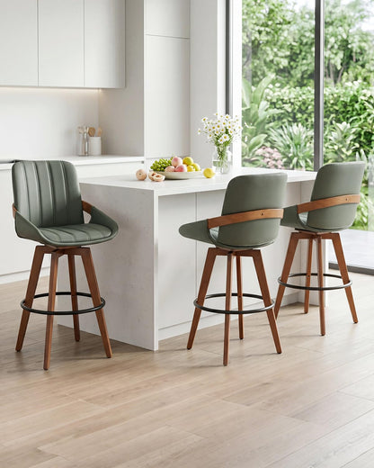 AQG Green Bar Stools 30 Inch Set of 2 Leather Bar Height Stools with Backs, Mid Century Modern Swivel Bar Chairs, Upholstered Barstools Wood Frame for Kitchen Island