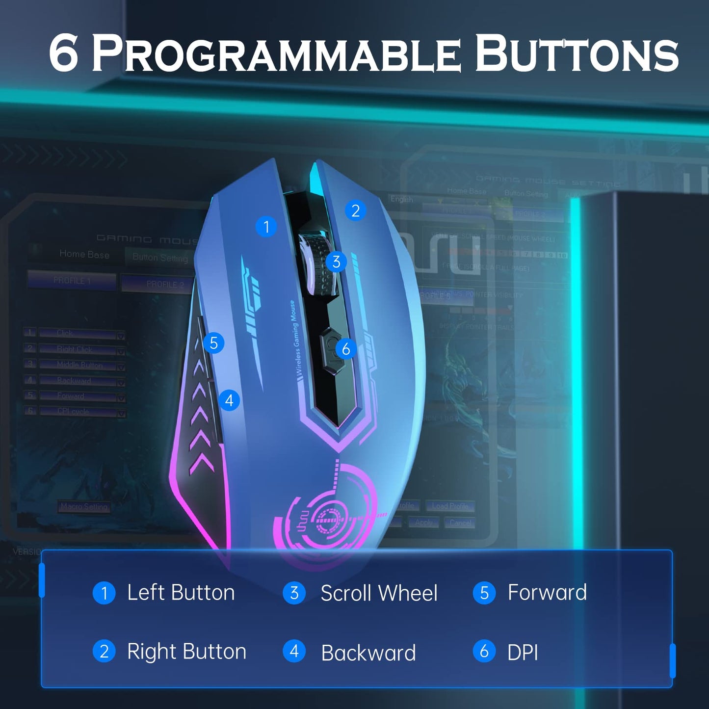 UHURU Wireless Gaming Mouse Up to 12000 DPI, Rechargeable USB-C Wireless Mouse with 7 Buttons 7 Dynamic LED Color Ergonomic Programmable MMO RPG for PC Laptop, Compatible with Windows Mac