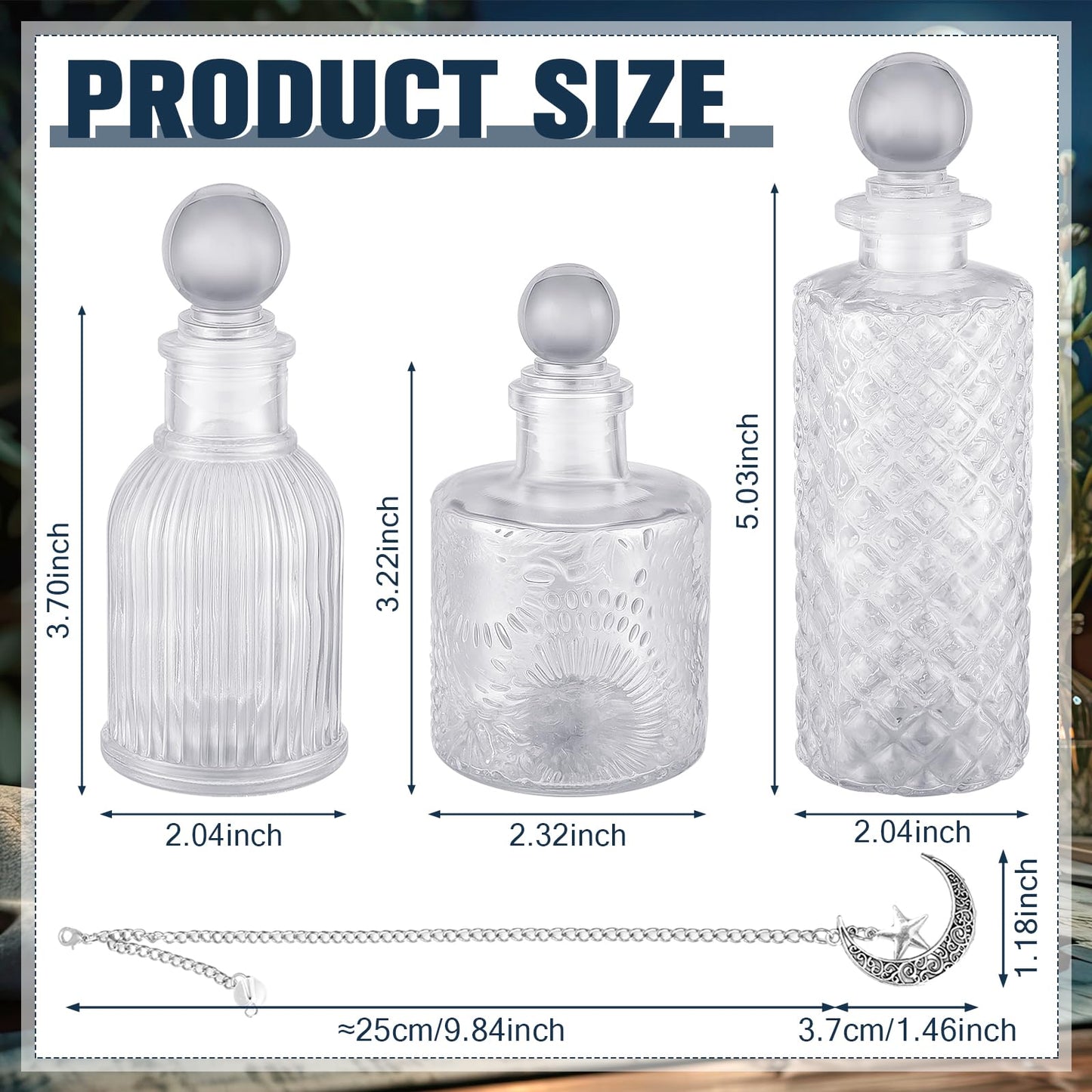 Potchen 3 Pcs Moon Energy Glass Bottle with 3 Lunar Star Spiritual Moonlight Water Jar Chain Charging Container with Lid for Infusing Intentions Crystal Cleansing Meditation Witchcraft Home Decor