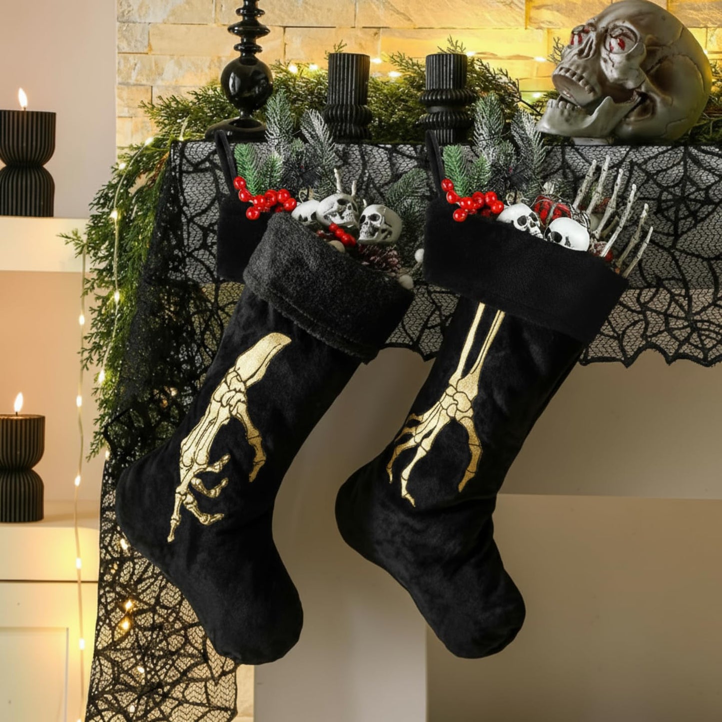 Croknit 2 Pcs Gothic Christmas Stocking Black Velvet Stocking Goth Xmas Skeleton Hand Embroidered Stockings Hanging Ornaments Santa Candy Gift Bags for Christmas Home Decorations(Gold)