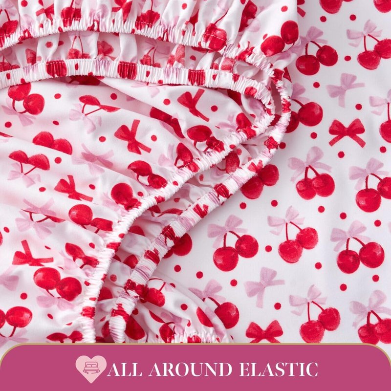 Paris Hilton Queen Size Sheets Set – 4 Piece Bed Sheets with Fitted Sheet, Flat Sheet, 2 Pillow Covers, Fits up to 15" Mattress Deep Pocket Queen Sheet Set for Women, Cherries, Red