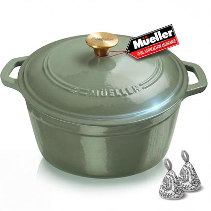 MUELLER HOME 6 Quart Enameled Cast Iron Dutch Oven For Sourdough Bread Baking, Heavy-Duty, Oven-Safe up to 500° F & Across All Cooktops, Casserole Dishes, Green Kitchen Accessories, Thyme Green