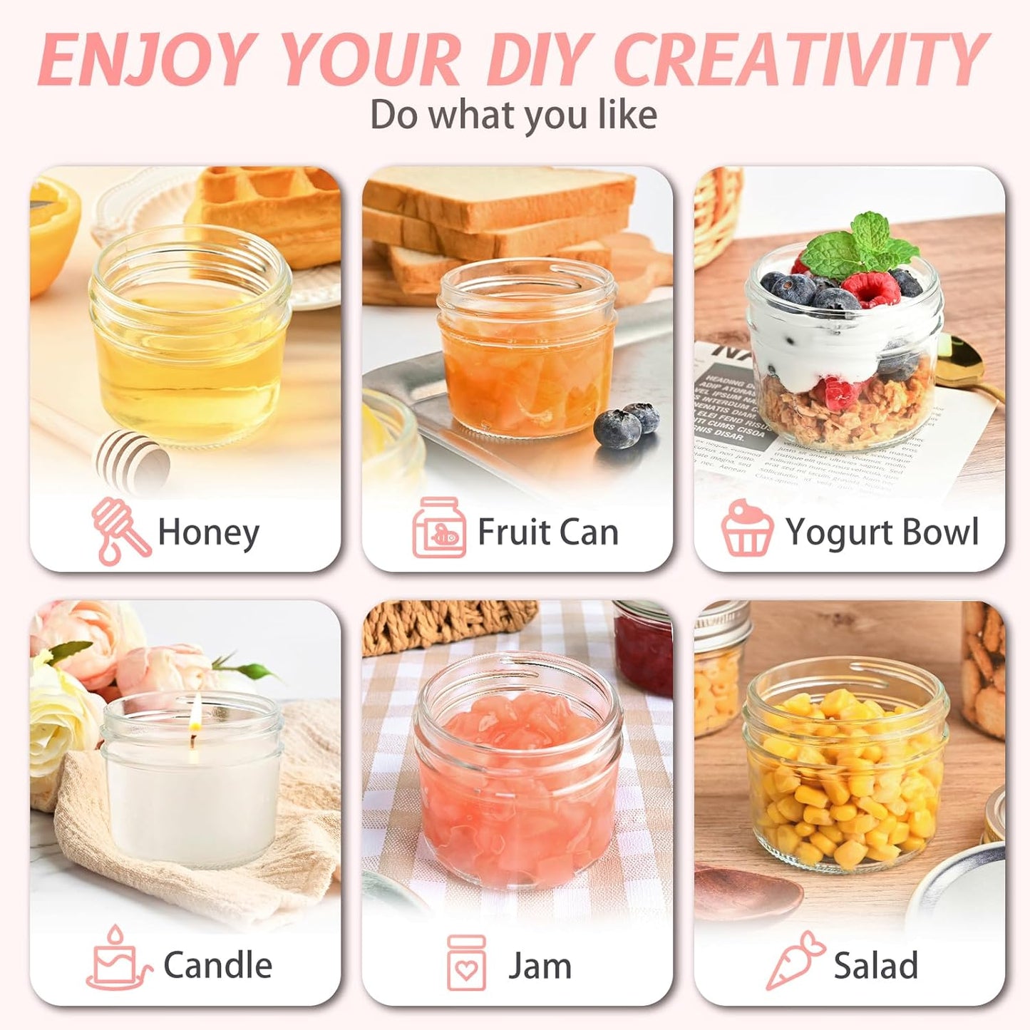 TUZAZO Small Mason Jars 8 Pack, 4 oz Mini Glass Canning Jars with Lids and Labels for Jelly, Spice, Honey Storage